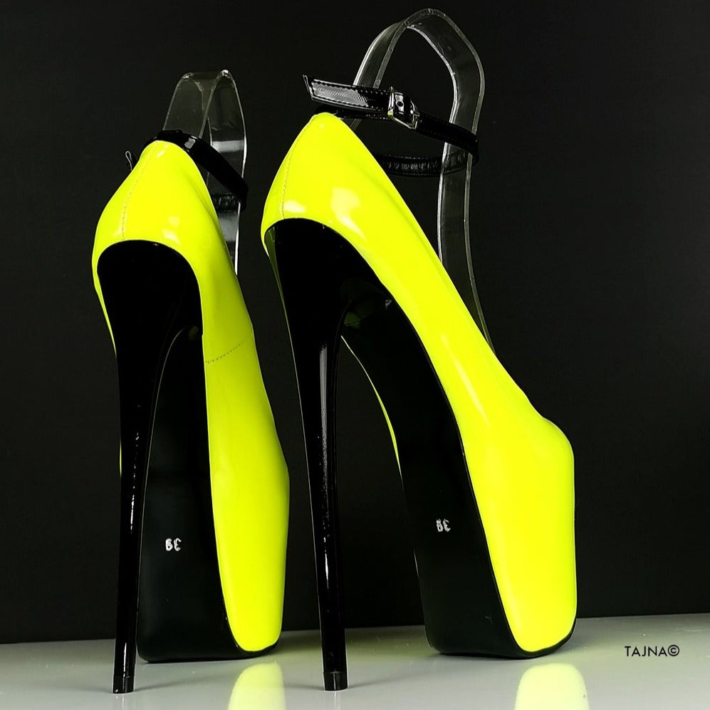 Neon Yellow Black Patent Ankle Strap Heels - Tajna Club