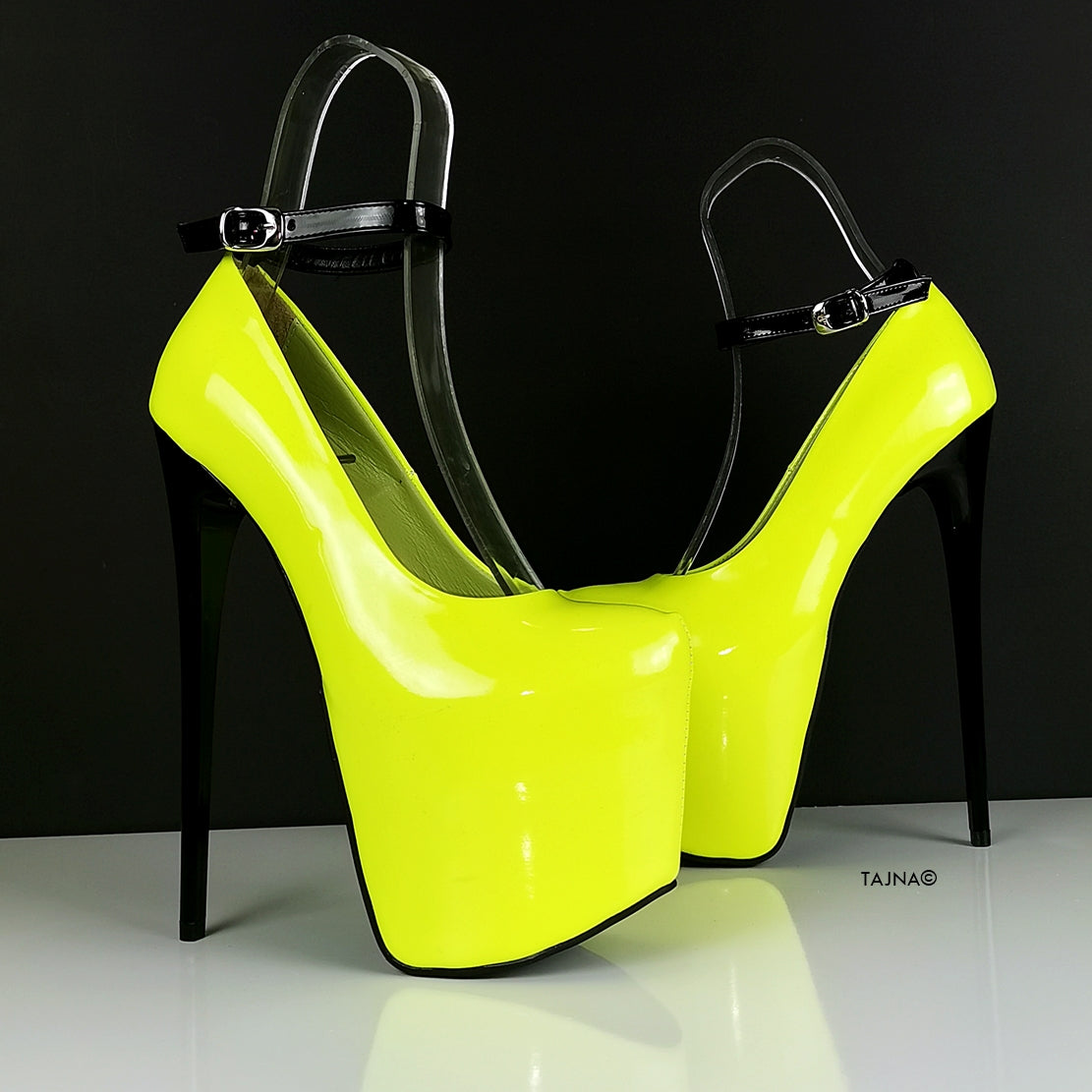 Neon Yellow Black Patent Ankle Strap Heels | Tajna Club
