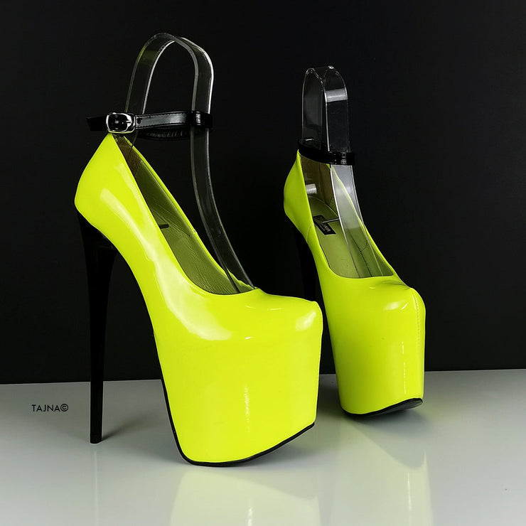 Neon Yellow Black Patent Ankle Strap Heels | Tajna Club