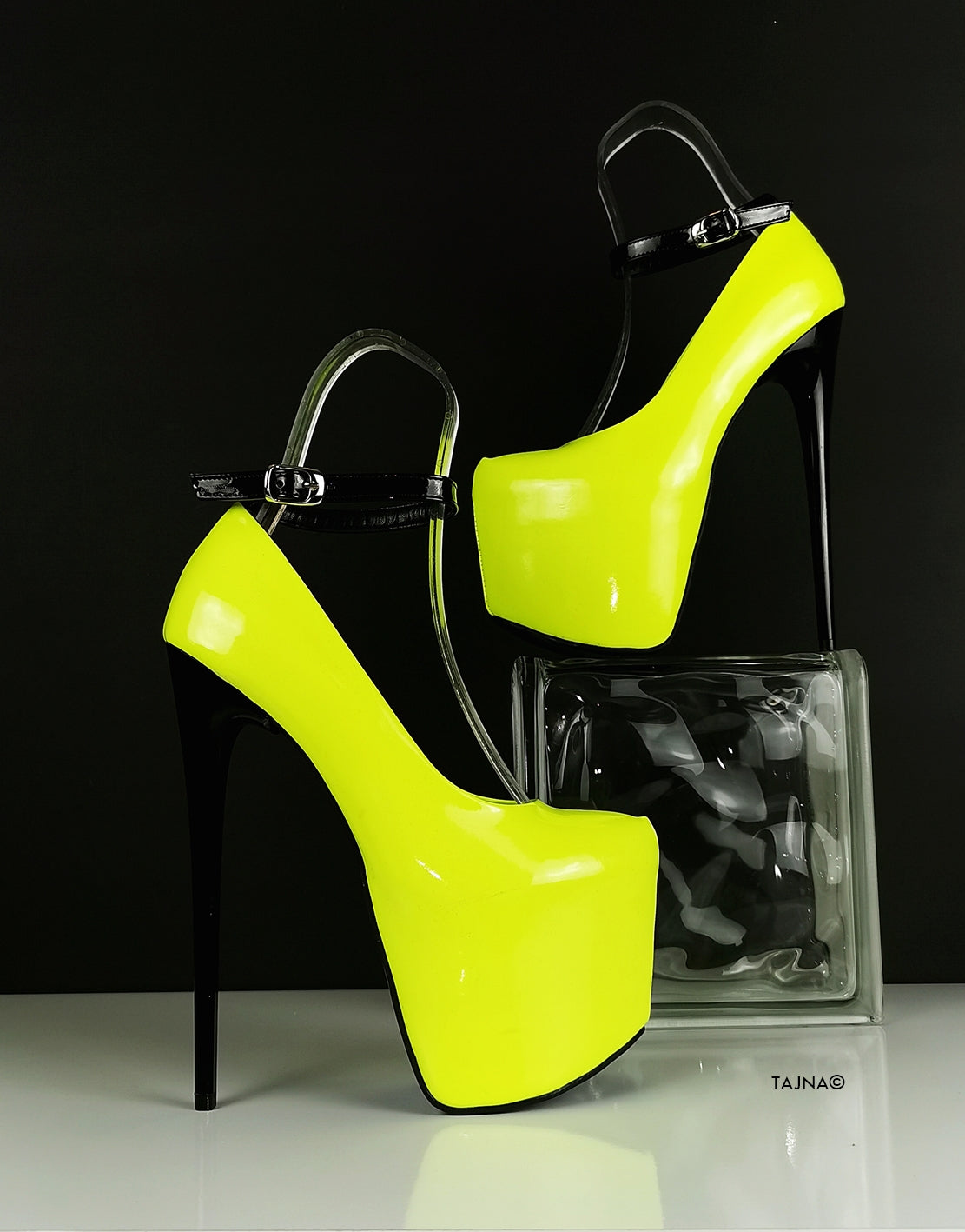 Neon Yellow Black Patent Ankle Strap Heels | Tajna Shoes – Tajna Club