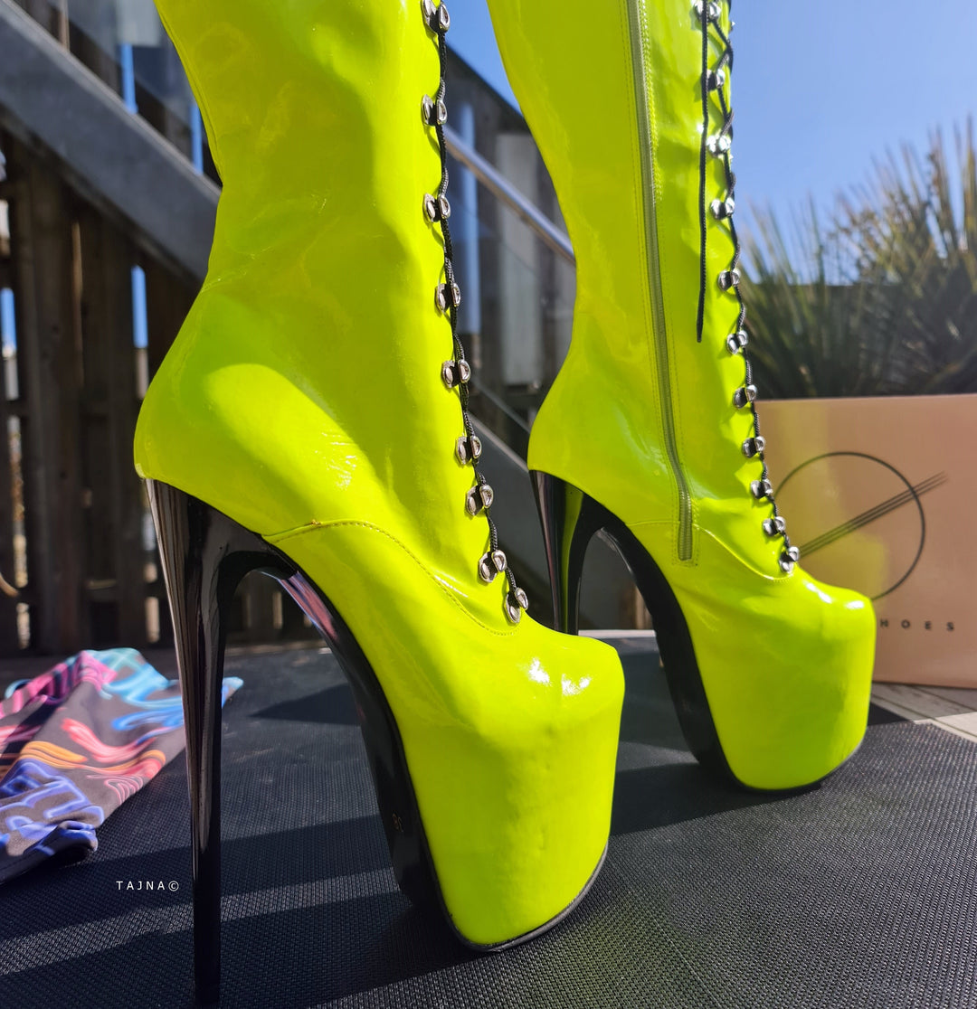 Neon Yellow Military Style Lace Up Heel Boots