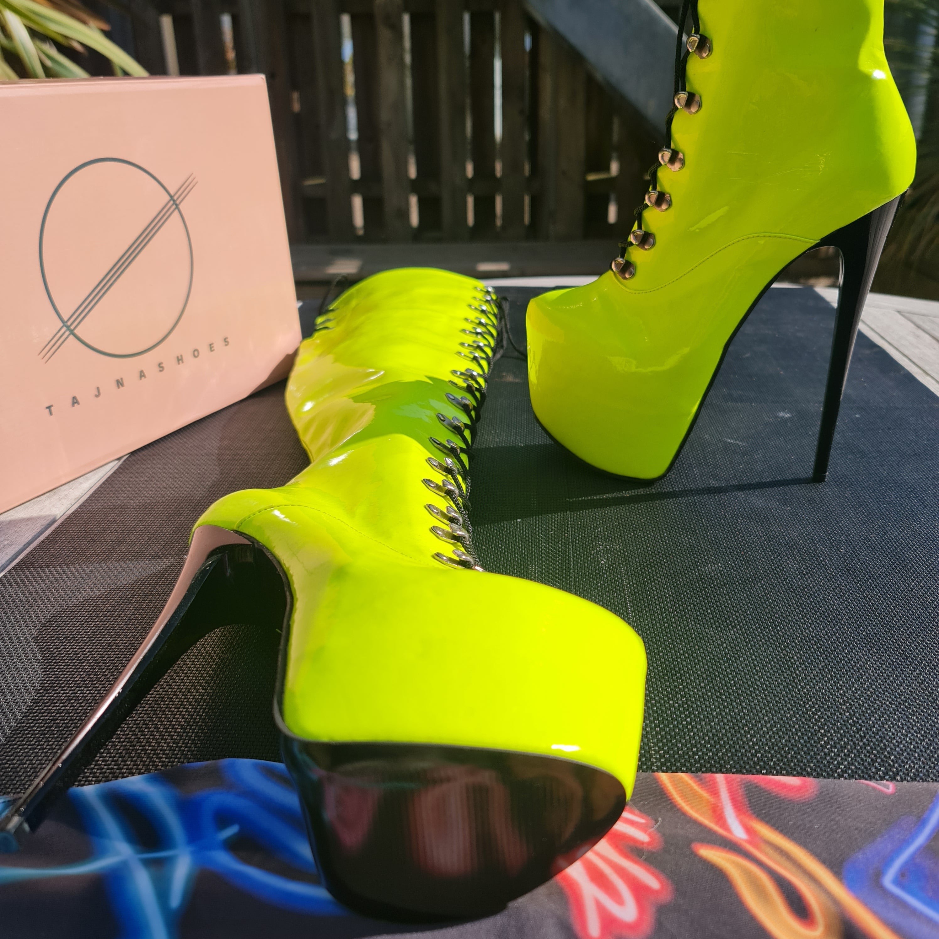 Neon Yellow Military Style Lace Up Heel Boots Tajna Shoes Tajna Club