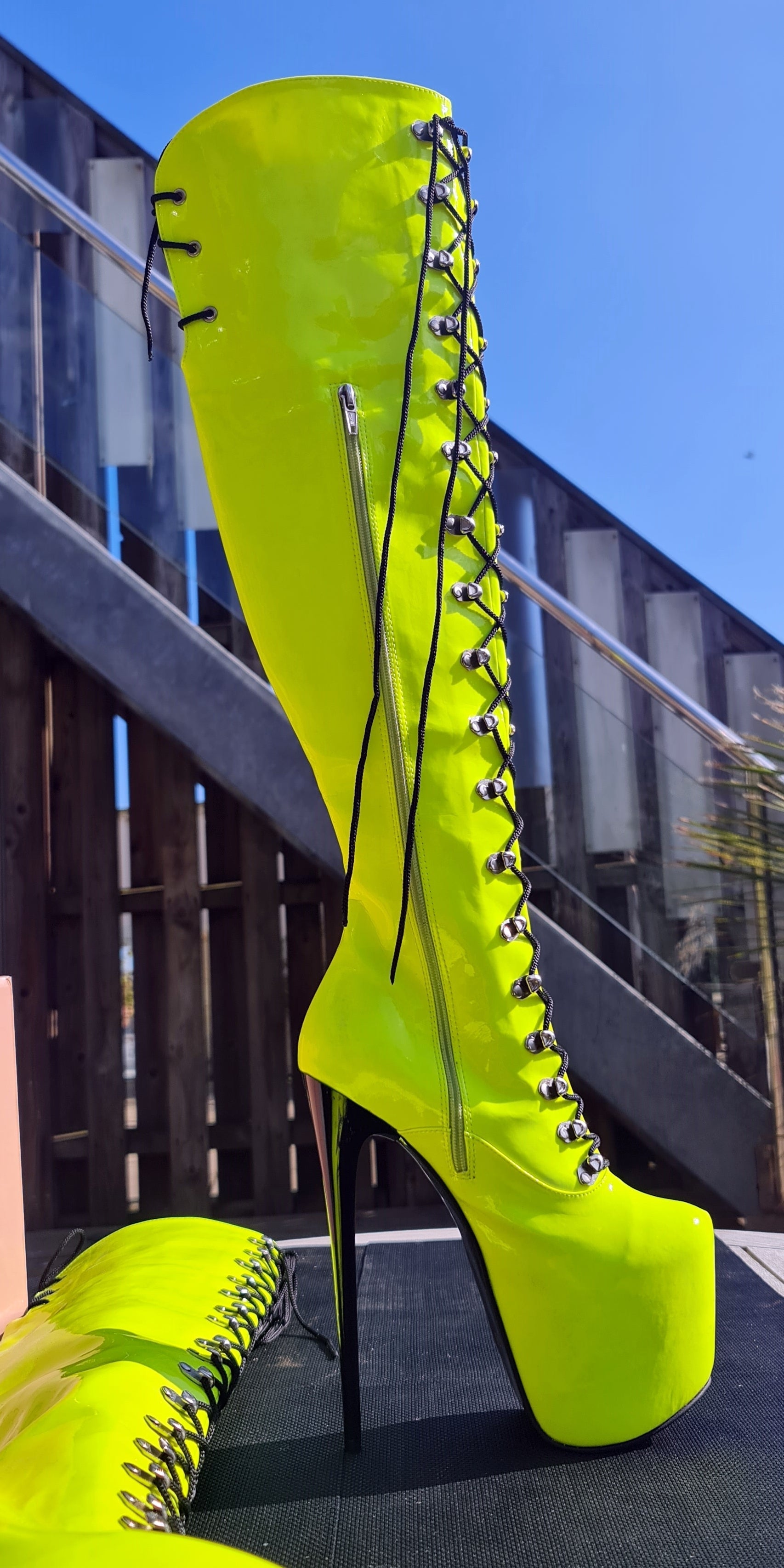 Neon Yellow Military Style Lace Up Heel Boots | Tajna Shoes