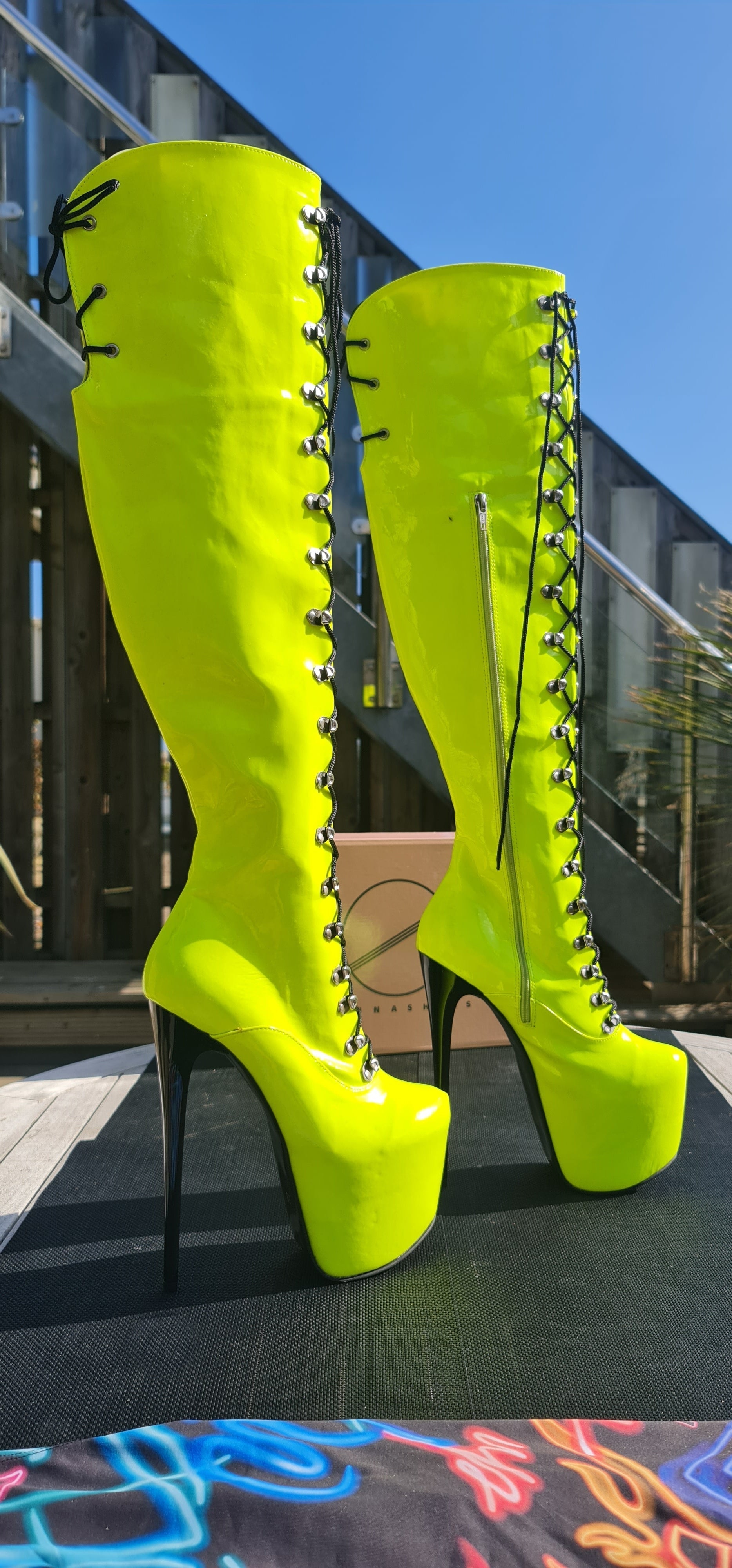 Neon Yellow Military Style Lace Up Heel Boots Tajna Shoes Tajna Club