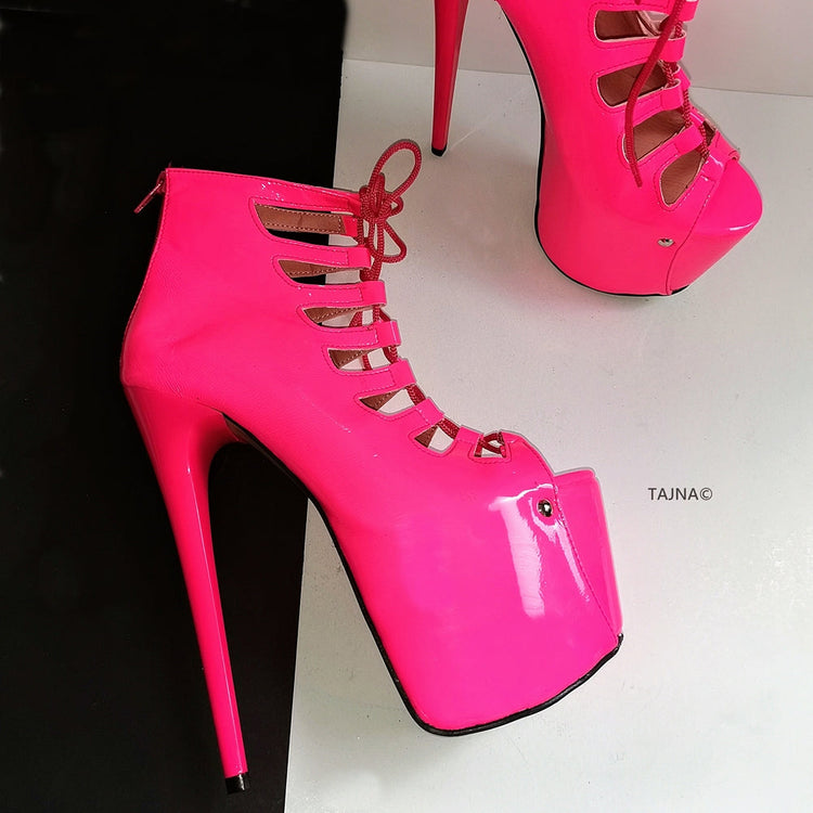 Neon Pink Lace Up Ankle Platforms - Tajna Club