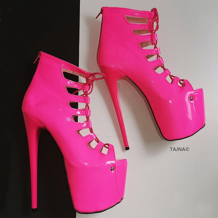 Neon Pink Lace Up Ankle Platforms - Tajna Club