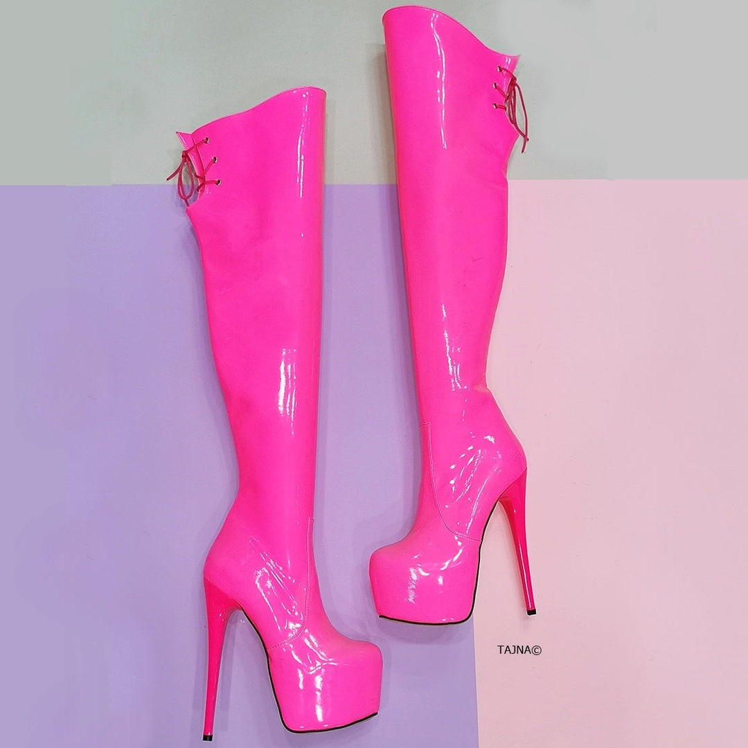 Pink Neon Knee High Platform Boots - Tajna Club