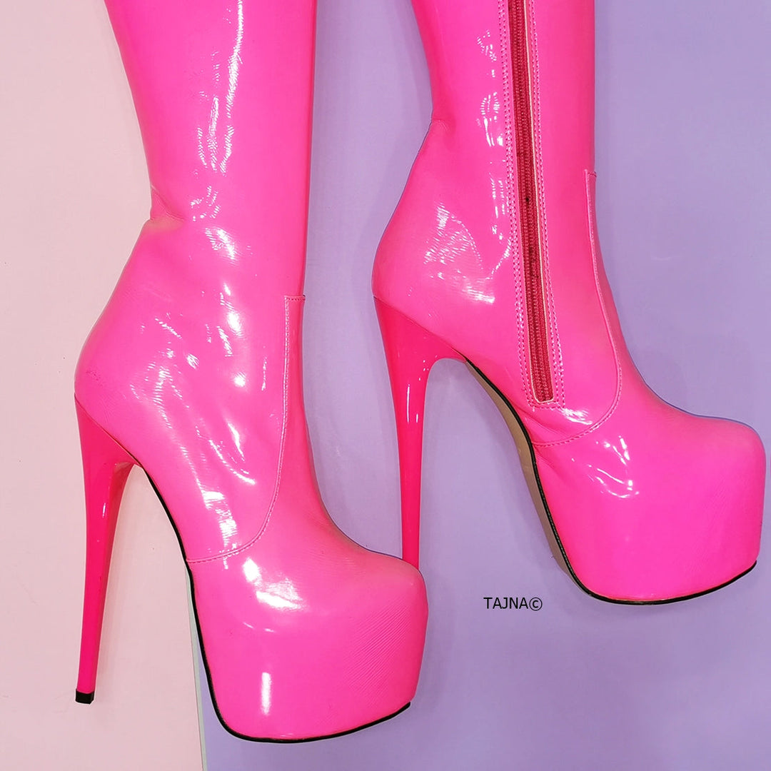 Pink Neon Knee High Platform Boots - Tajna Club