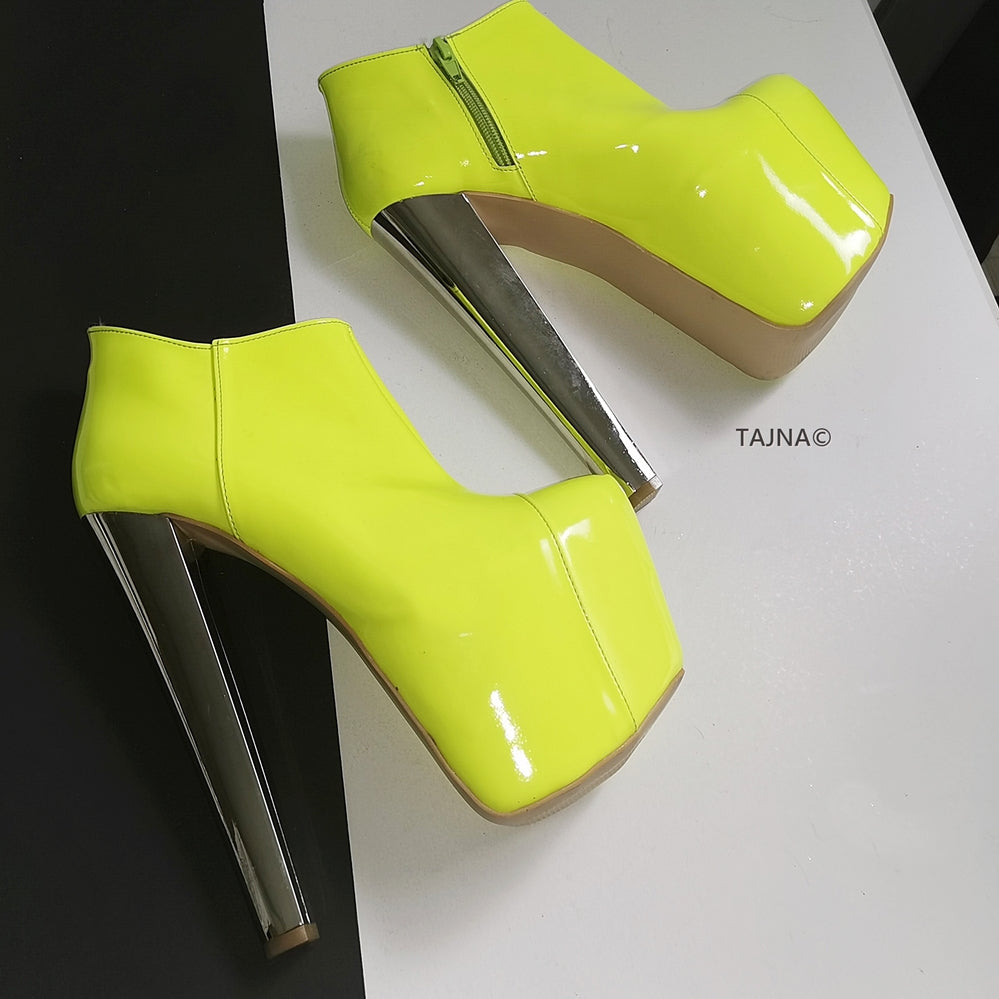 Neon Yellow Patent Platform Ankle Booties - Tajna Club
