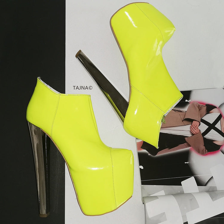Neon Yellow Patent Platform Ankle Booties - Tajna Club