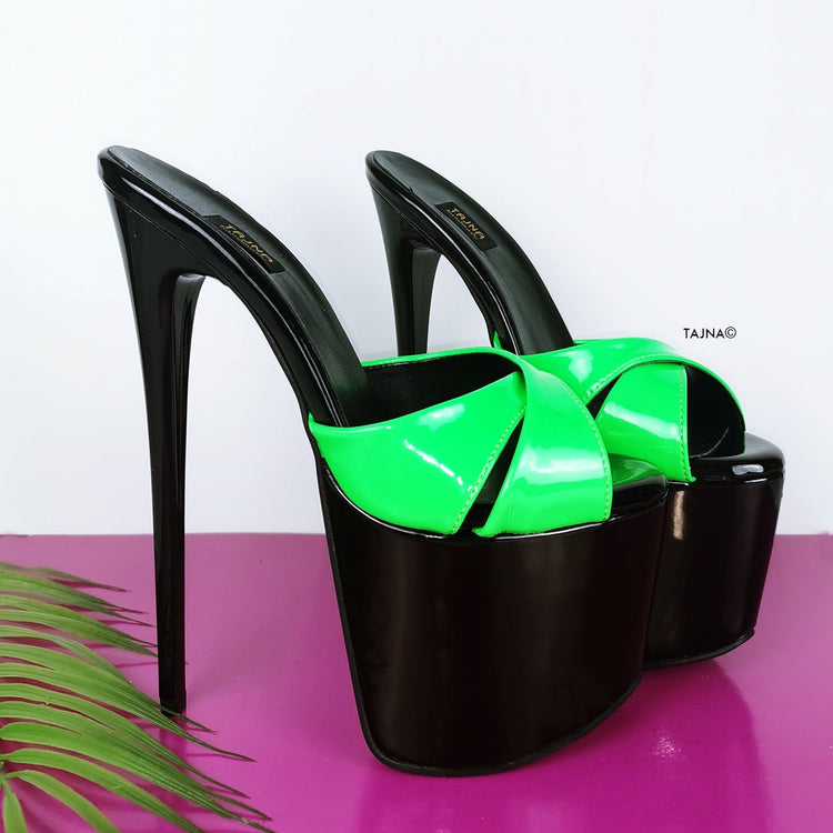 Neon Green Black Patent Platform Mules - Tajna Club