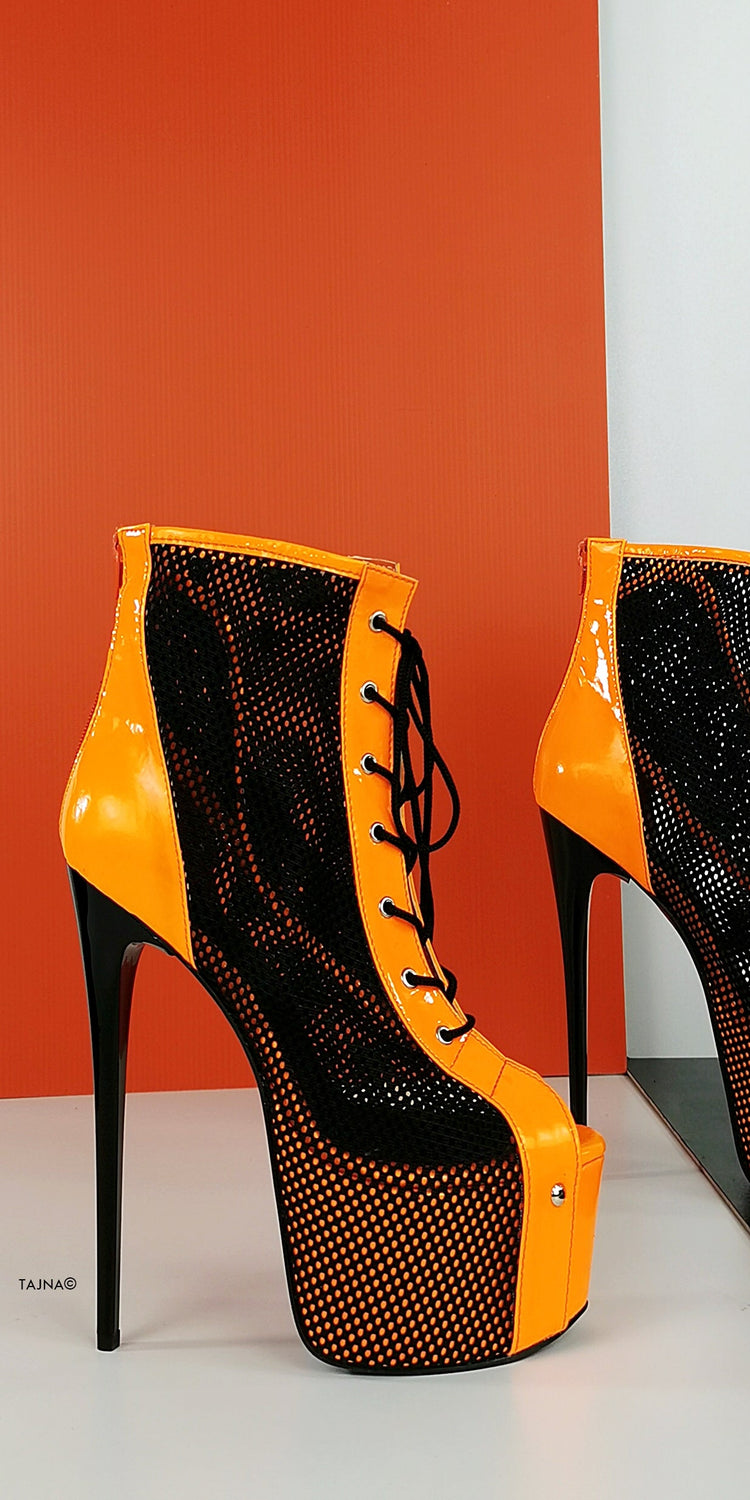 Orange Neon Black Spider Net Lace Up Boots - Tajna Club