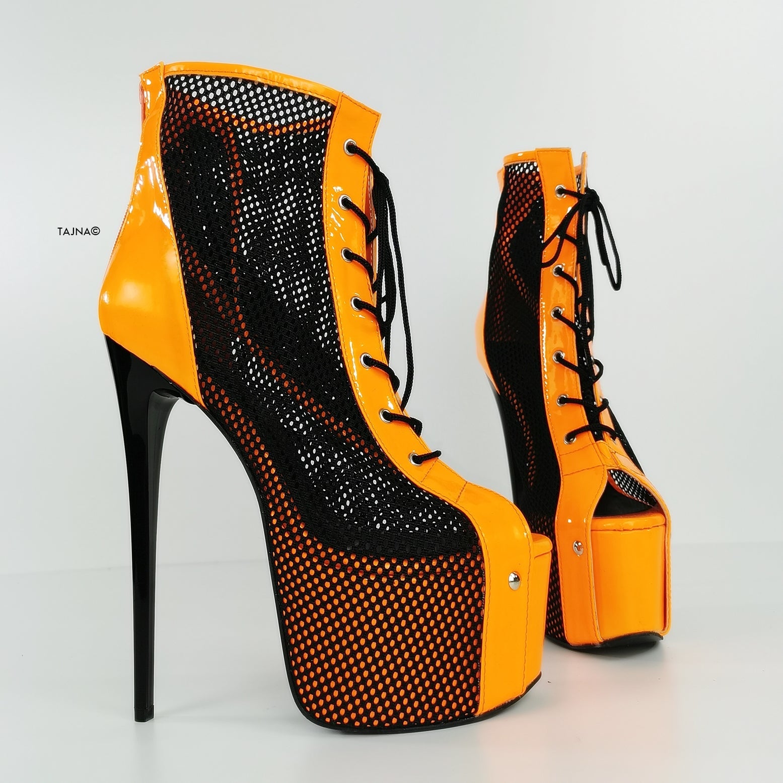 Orange Neon Black Spider Net Lace Up Boots - Tajna Club
