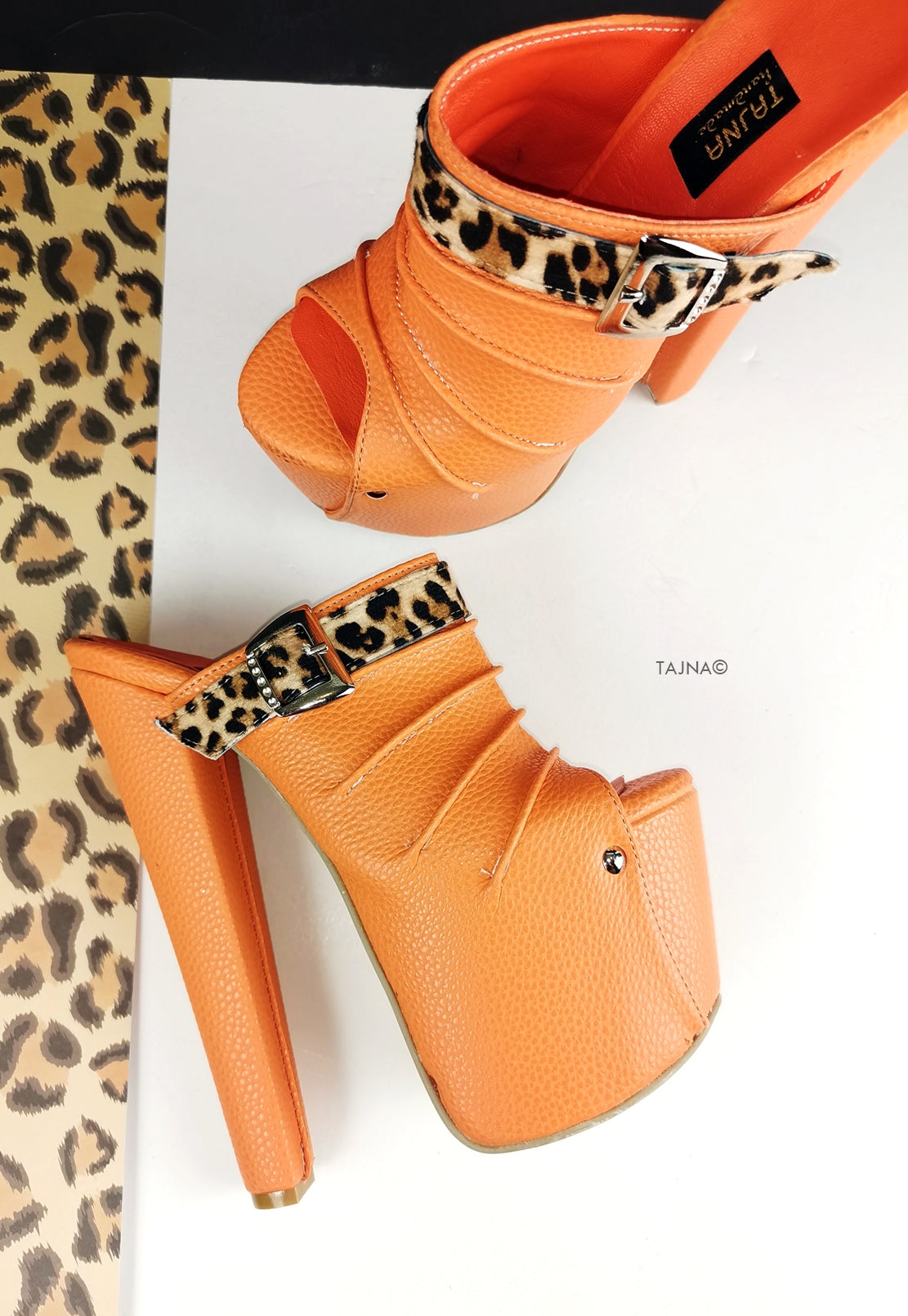 Orange Leopard Detail Platform Mules - Tajna Club
