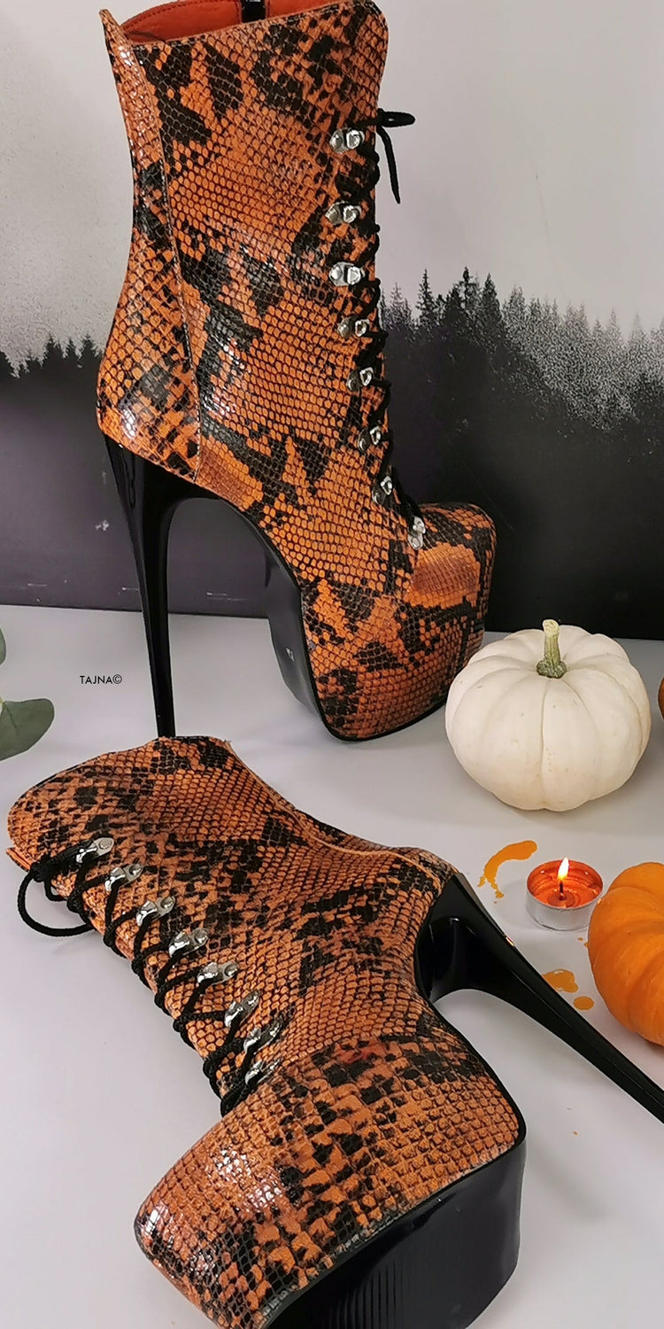 Genunine Leather Orange Black Snake Print Boots - Tajna Club