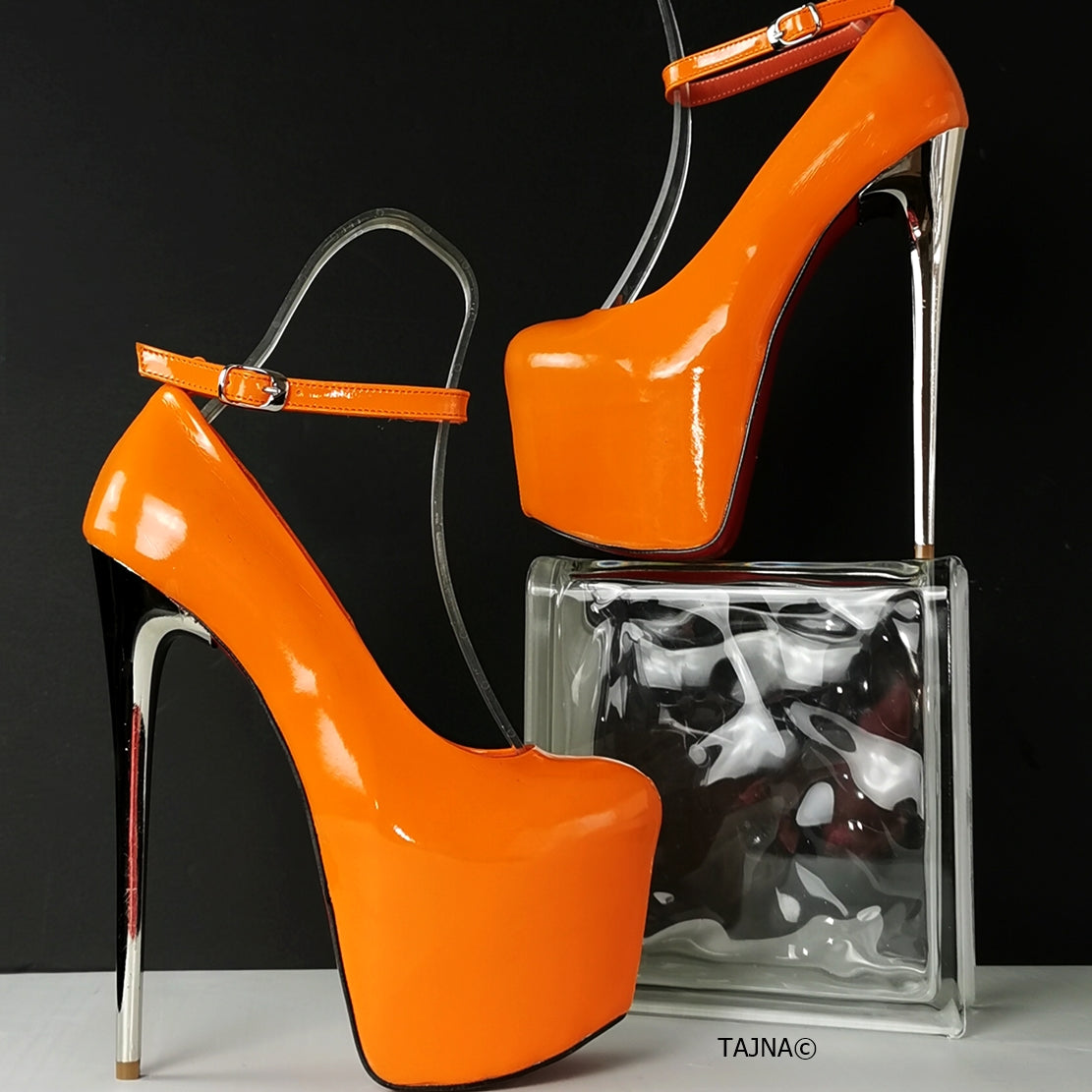 Orange Patent Ankle Strap Metalic Heels - Tajna Club