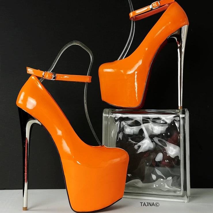 Orange Patent Ankle Strap Metalic Heels | Tajna Club