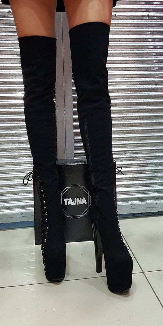 Black Suede Knee High Platform Boots - Tajna Club