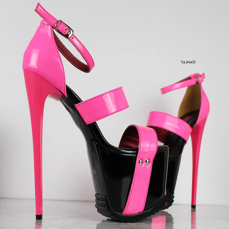 Neon Pink Black Gloss Serrated Sole Heels - Tajna Club
