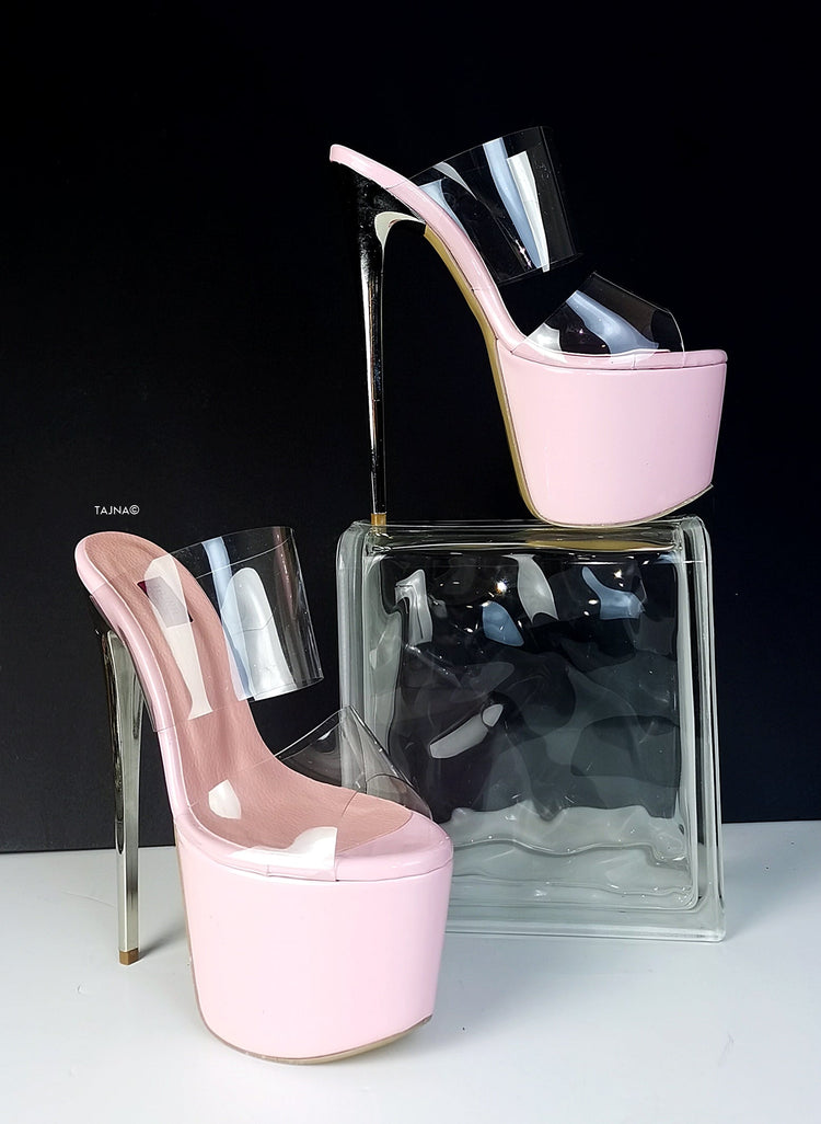Pink Transparent Strap High Heel Mules - Tajna Club
