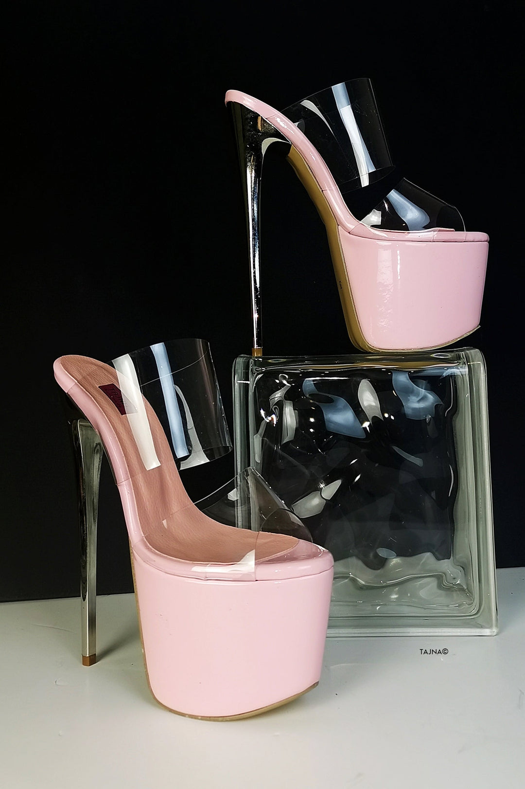 Pink Transparent Strap High Heel Mules - Tajna Club