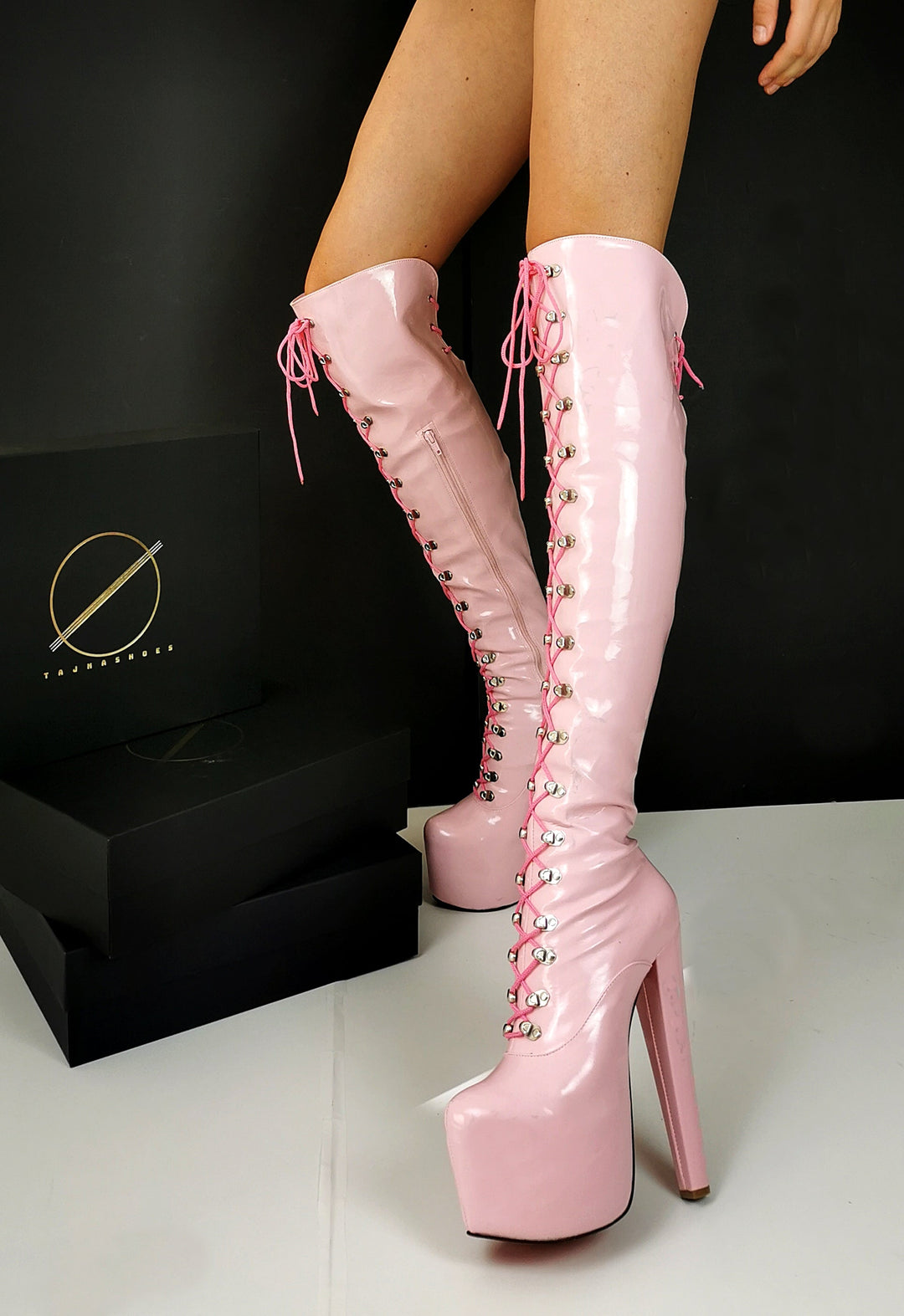 Light Pink Patent Military Style Lace Up Boots - Tajna Club