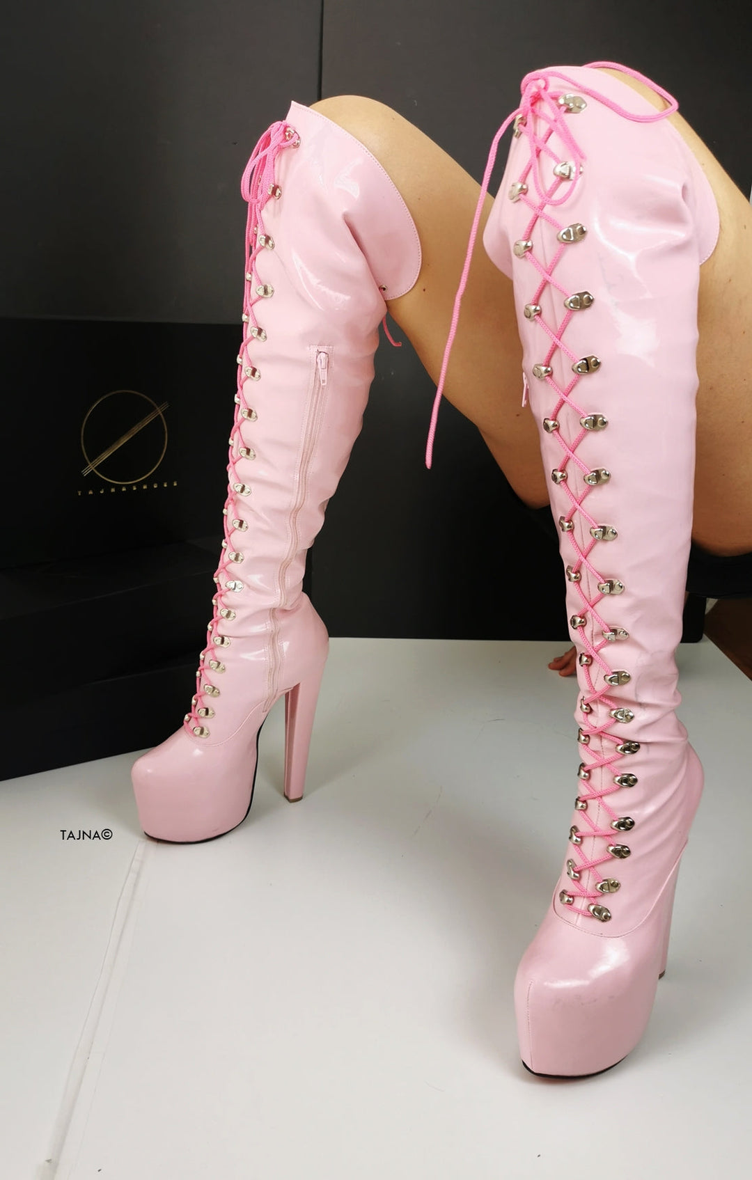 Light Pink Patent Military Style Lace Up Boots - Tajna Club