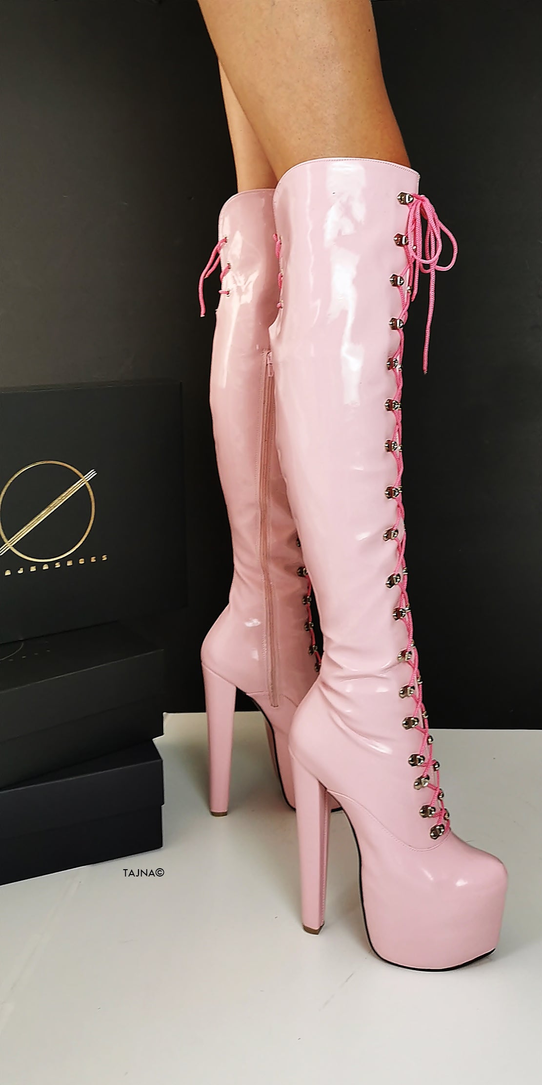 Light Pink Patent Military Style Lace Up Boots | Tajna Shoes