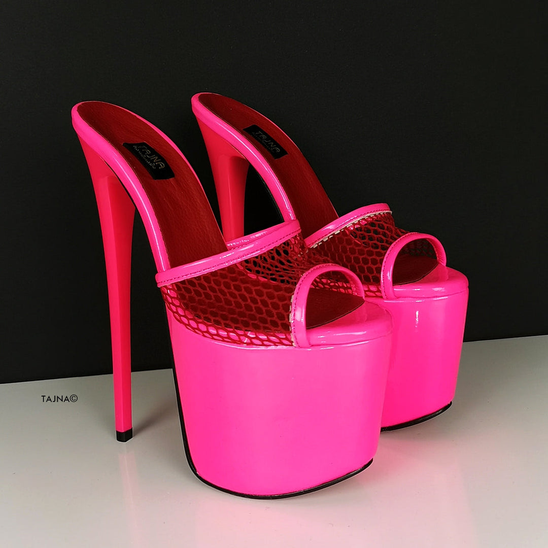 Neon Pink Fishnet High Heel Mules - Tajna Club