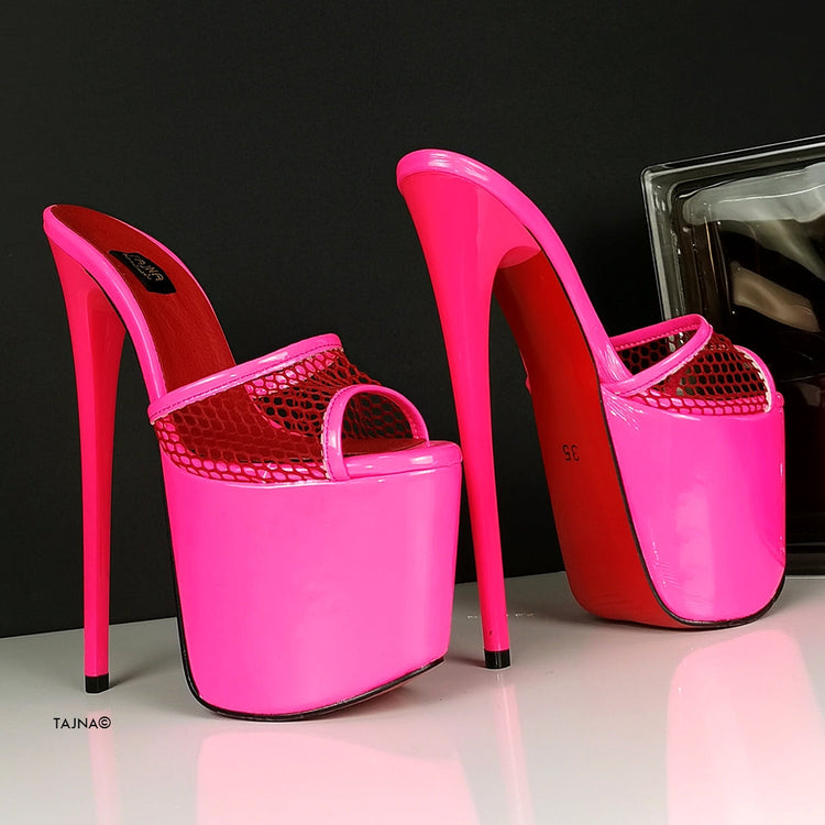 Neon Pink Fishnet High Heel Mules - Tajna Club