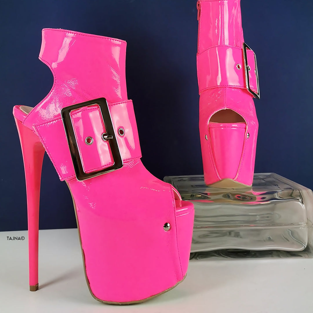 Neon Pink Patent Belted Ankle Heels - Tajna Club