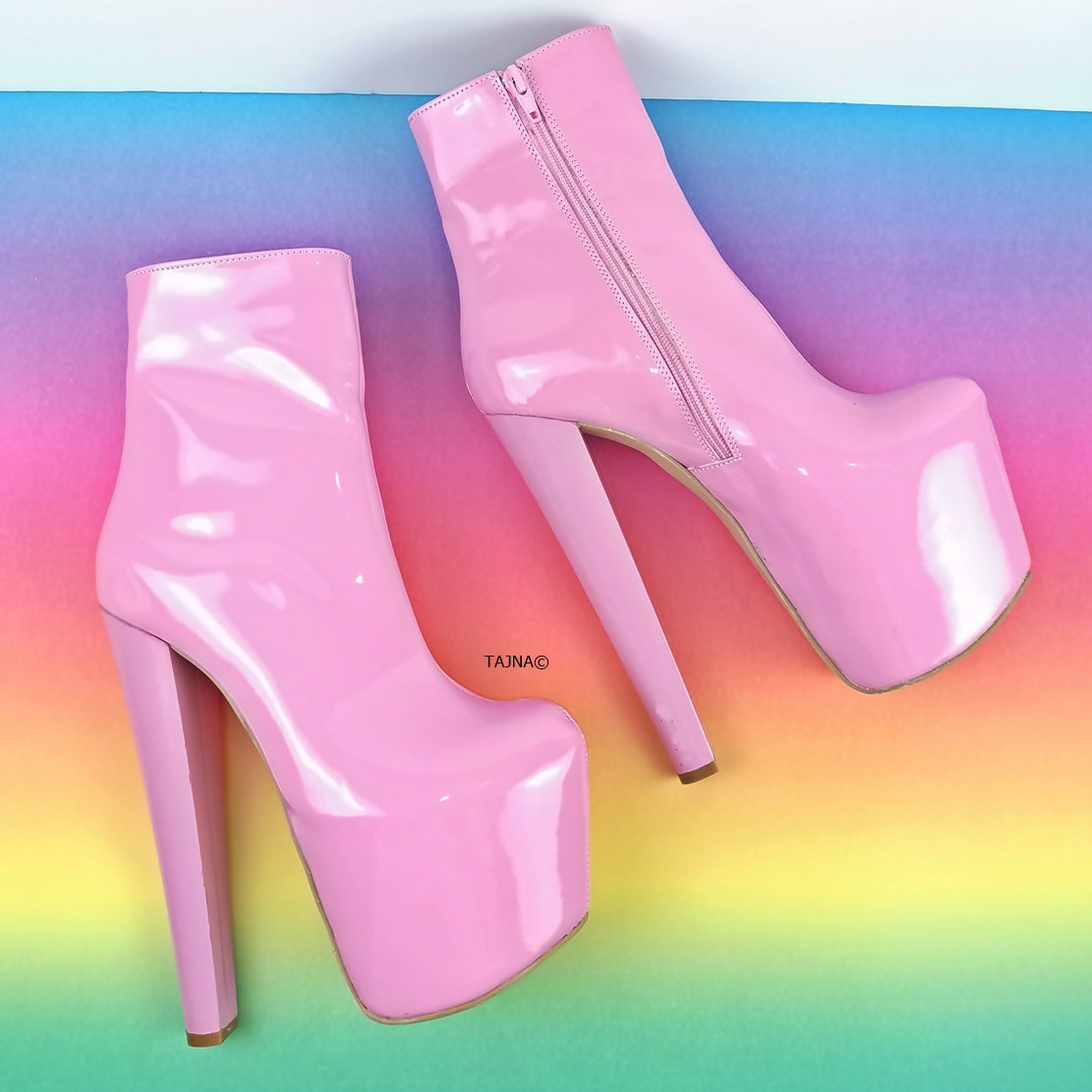 Sugar Pink Patent Chunky Heel Boots - Tajna Club