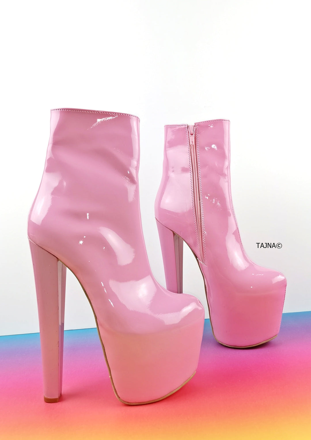 Sugar Pink Patent Chunky Heel Boots - Tajna Club