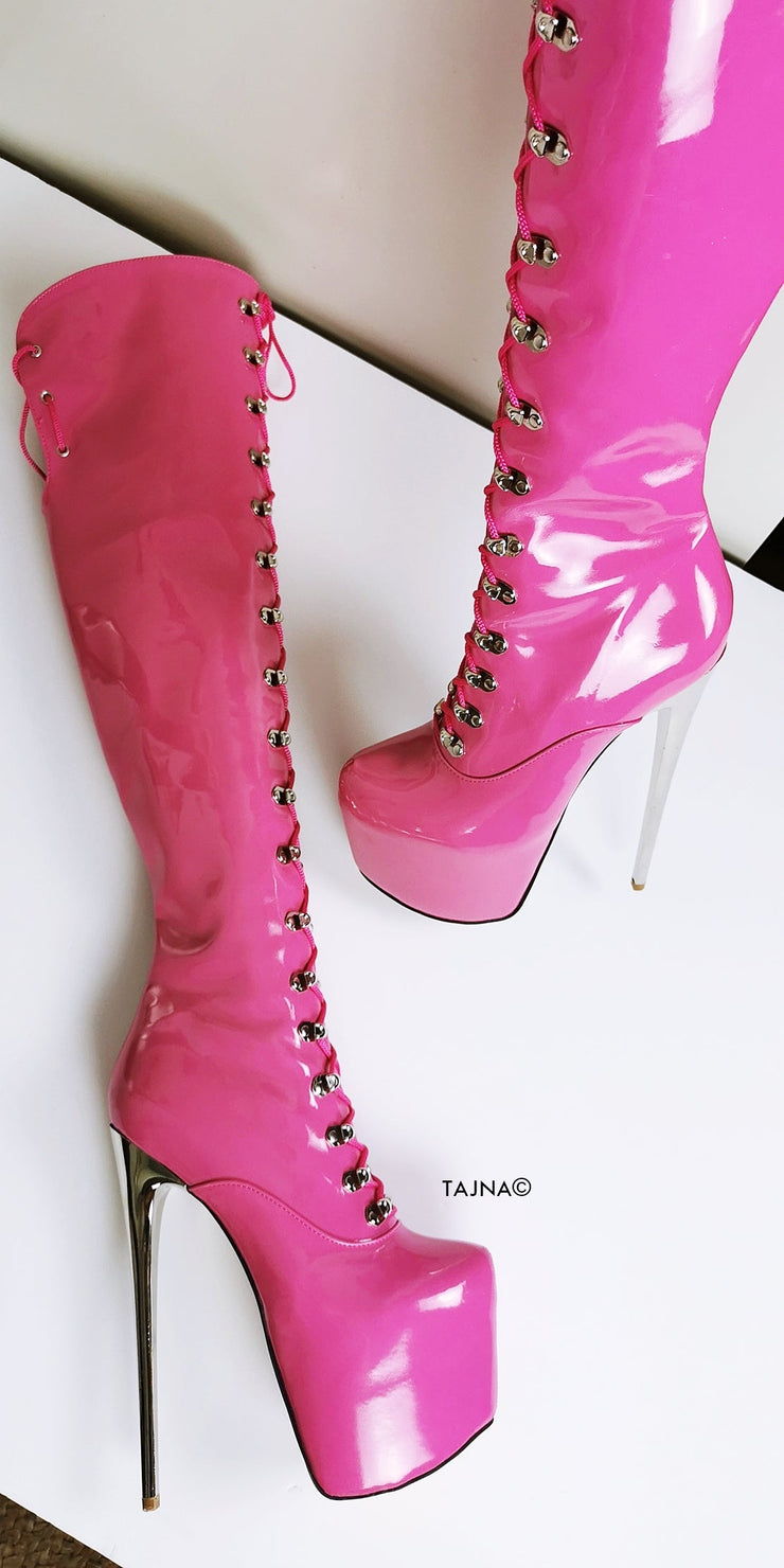 Doll Pink Patent Military Style Over Knee Boots | Tajna Club