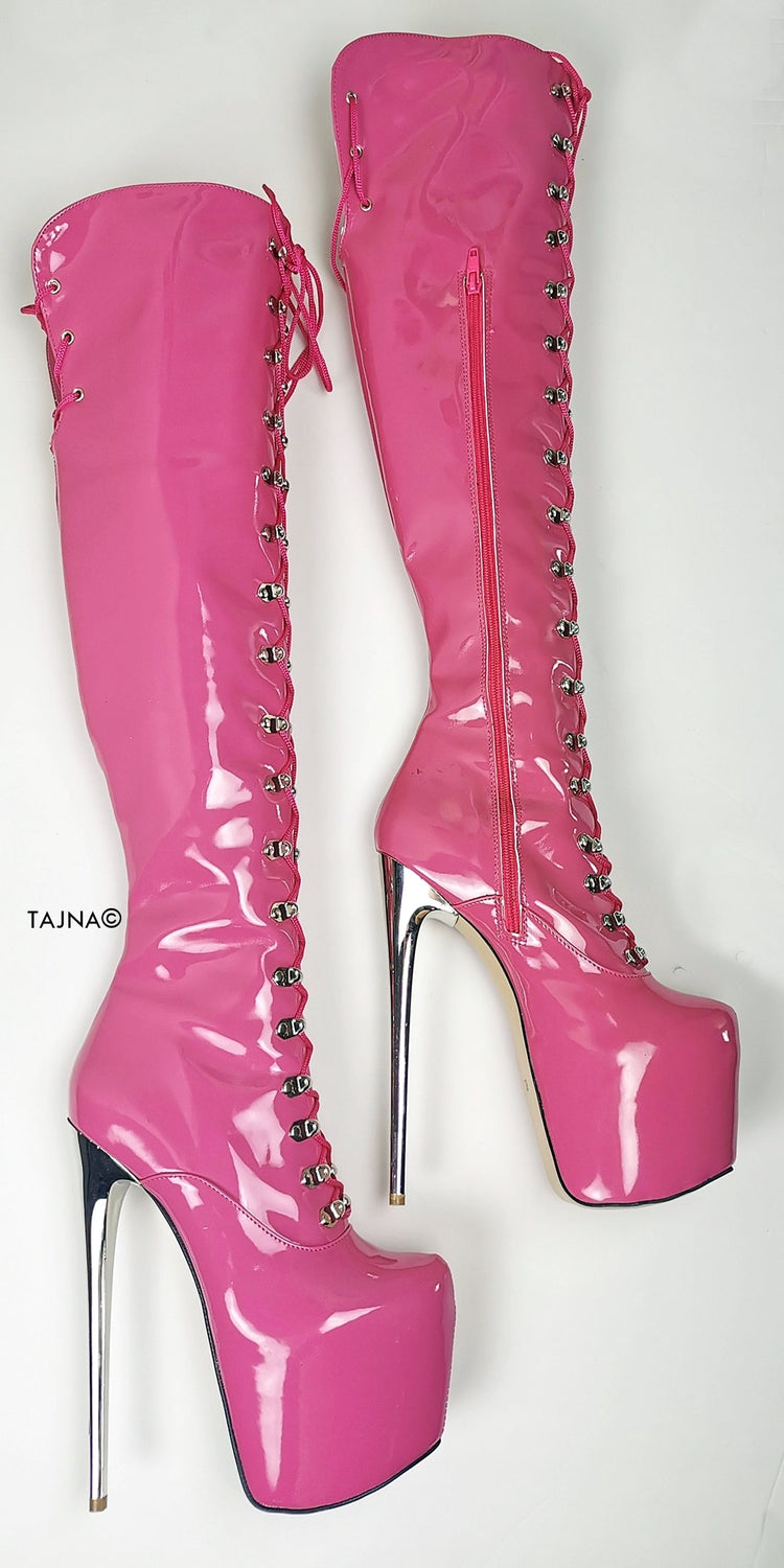 Doll Pink Patent Military Style Over Knee Boots - Tajna Club