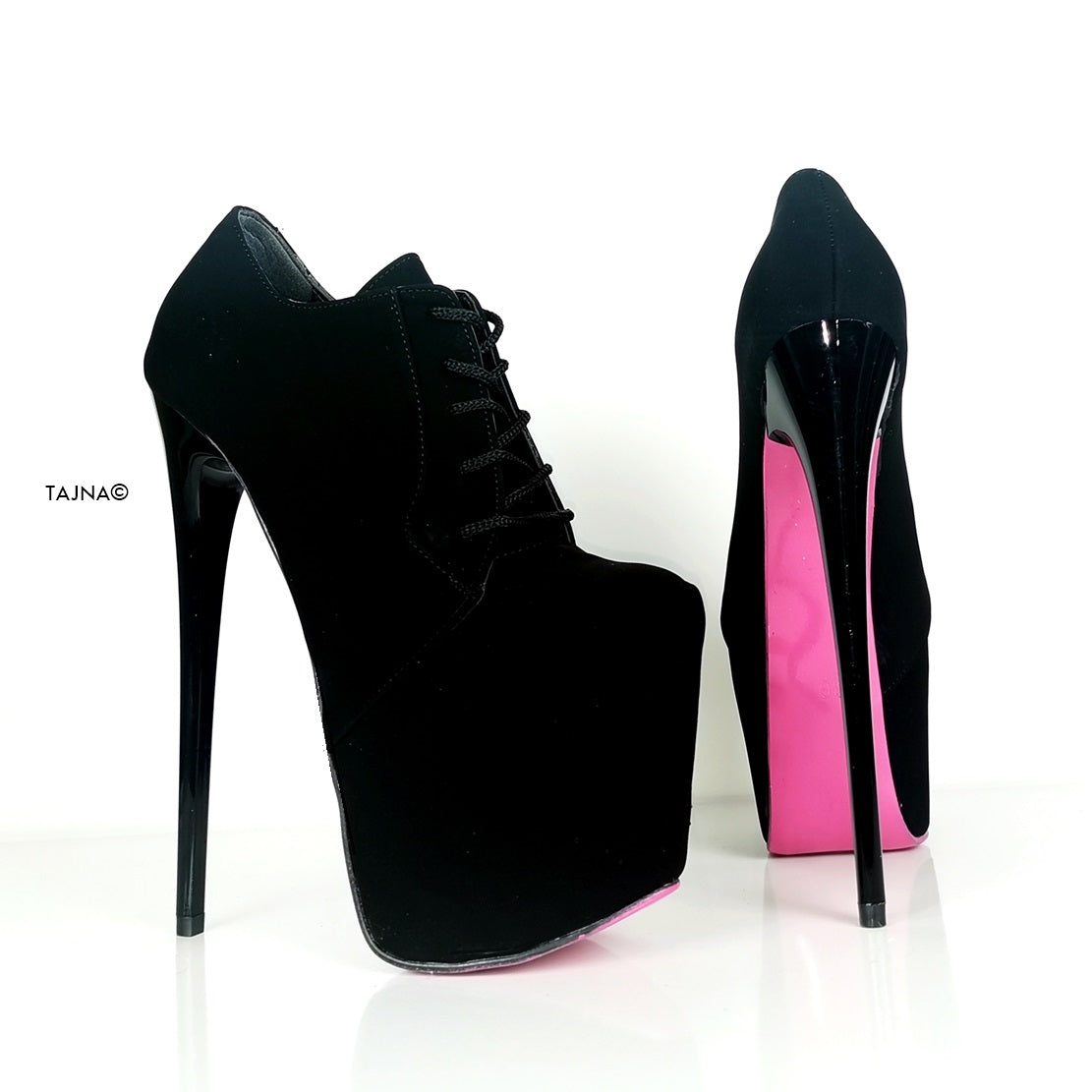 Pink Soles Black Lace Up Oxford Heels - Tajna Club