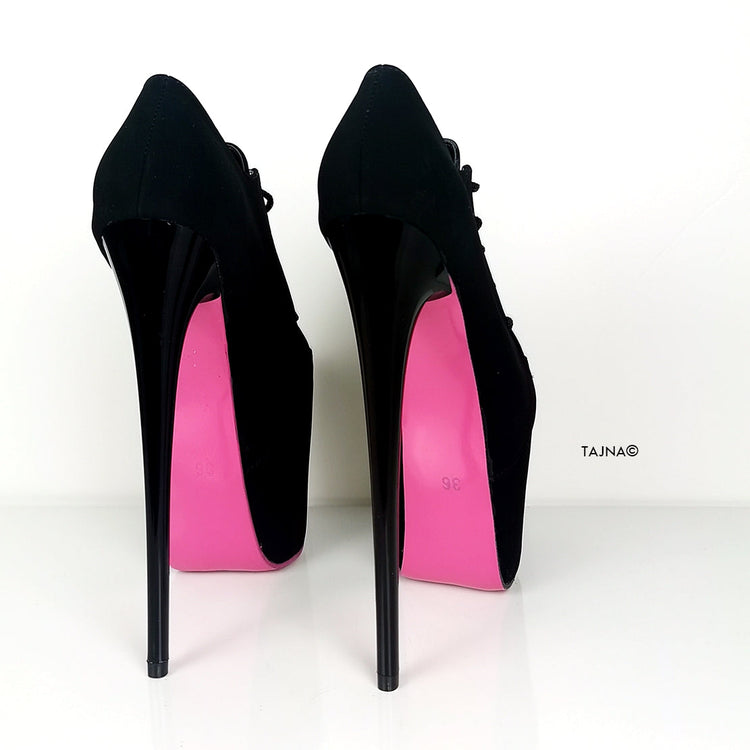 Pink Soles Black Lace Up Oxford Heels - Tajna Club