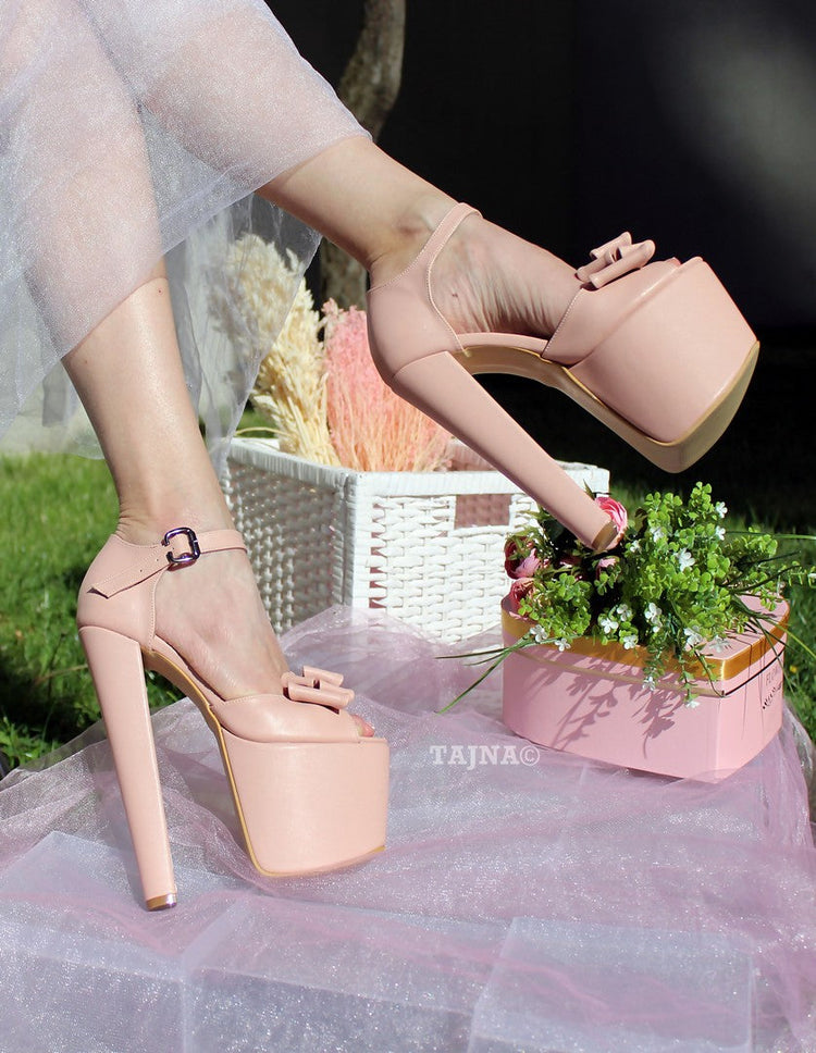 Light Pink 19 cm Heel Platform Shoes with Ribbon - Tajna Club