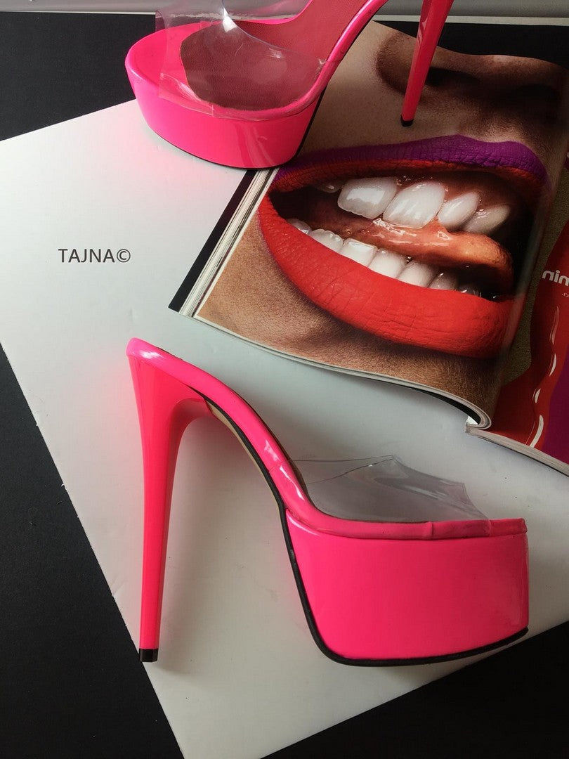 Neon Pink Transparent Platform Mules - Tajna Club