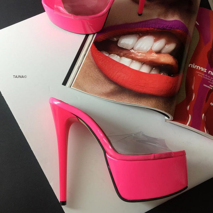 Neon Pink Transparent Platform Mules - Tajna Club