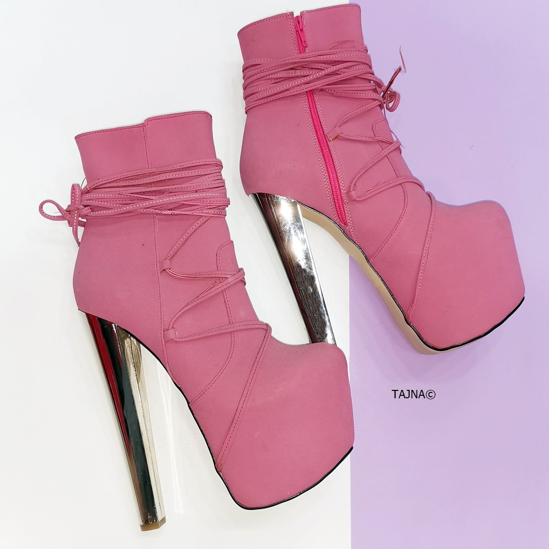 Long Laced Pink High Heel Booties - Tajna Club