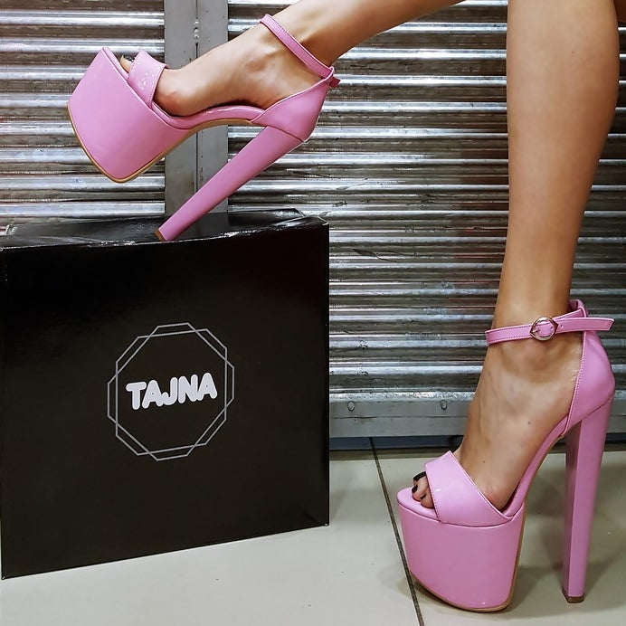 Light Pink Patent Leather Peep Toe Platform Heels - Tajna Club