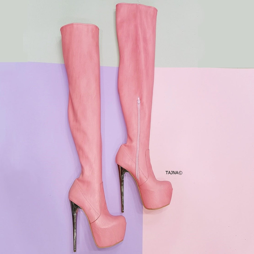 Light Pink Strech Thigh High Boots - Tajna Club