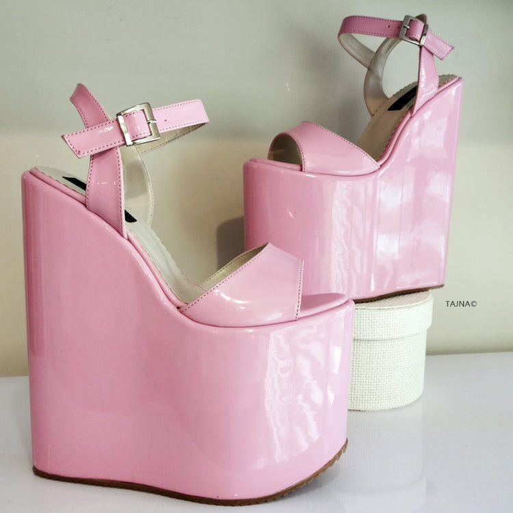 Baby Pink Patent Wedge Sandals - Tajna Club