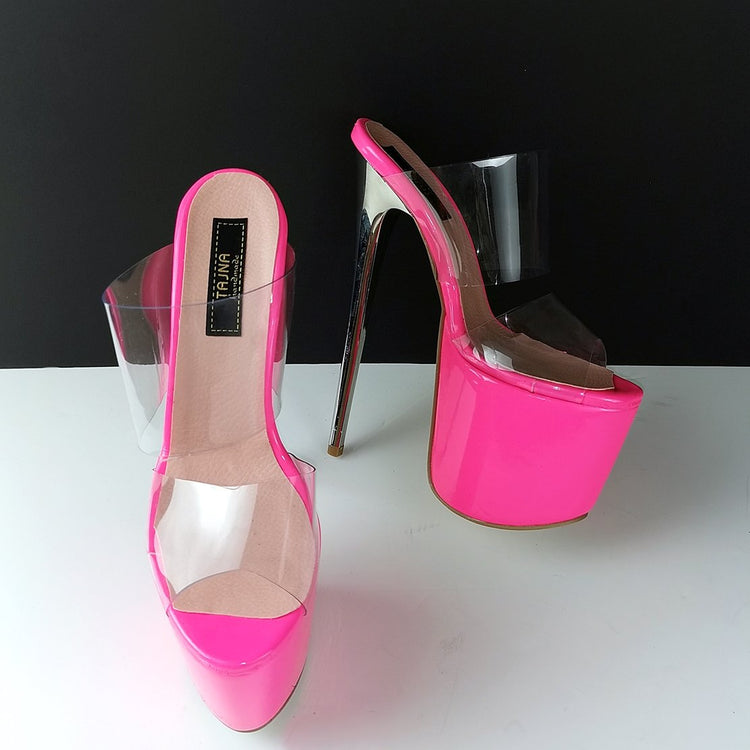 Pink Neon Transparent Strap Mules - Tajna Club