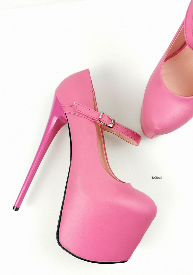Pink Leather Mary Jane High Heel Pumps - Tajna Club