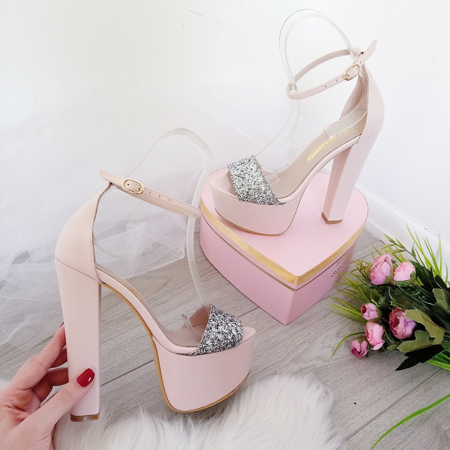 Powder Pink with Silver Shimmer Ankle Strap Platform Sandals Tajna Shoes Tajna Club