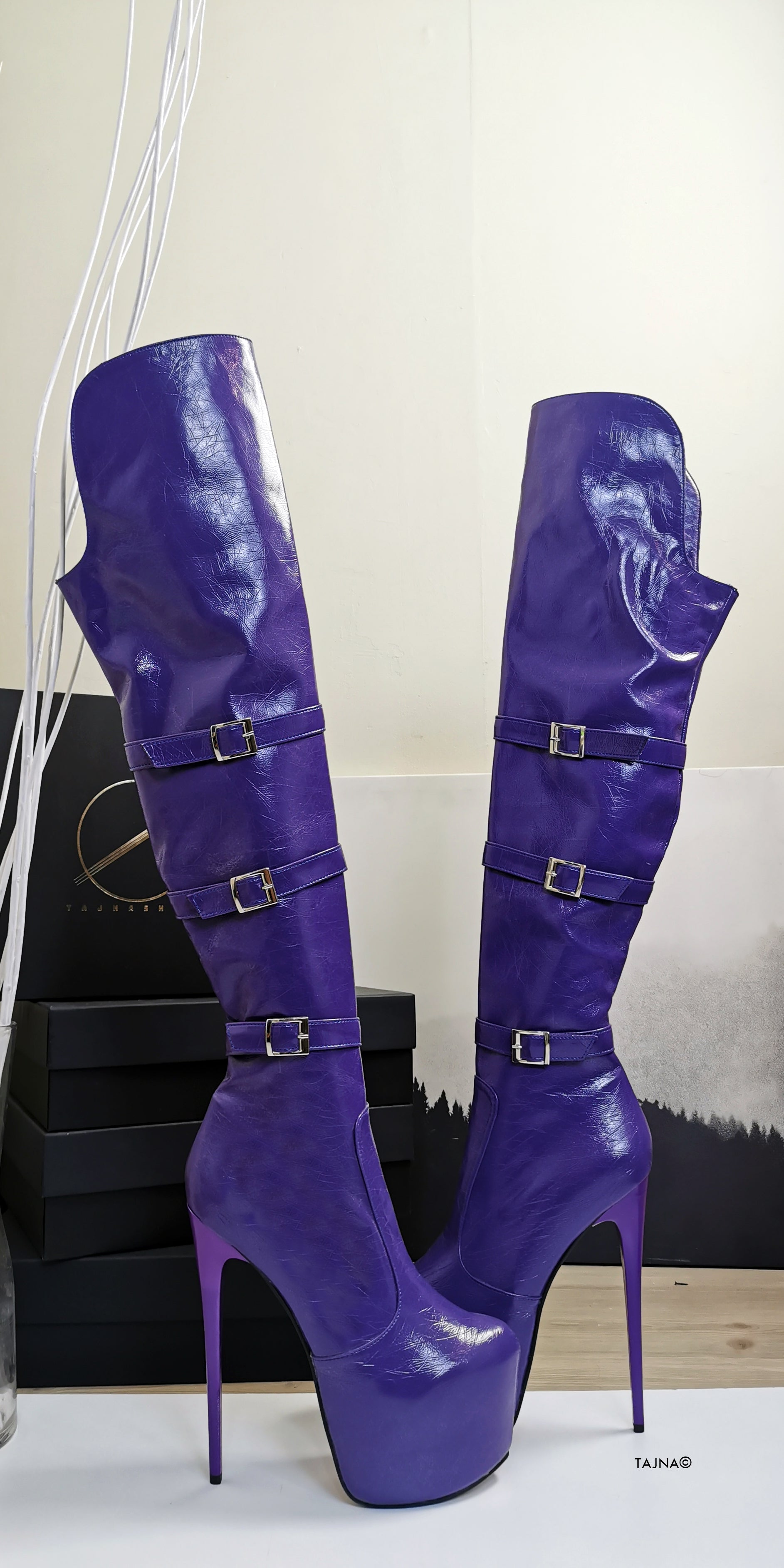 Purple Patent Belted Knee High Boots - Tajna Club
