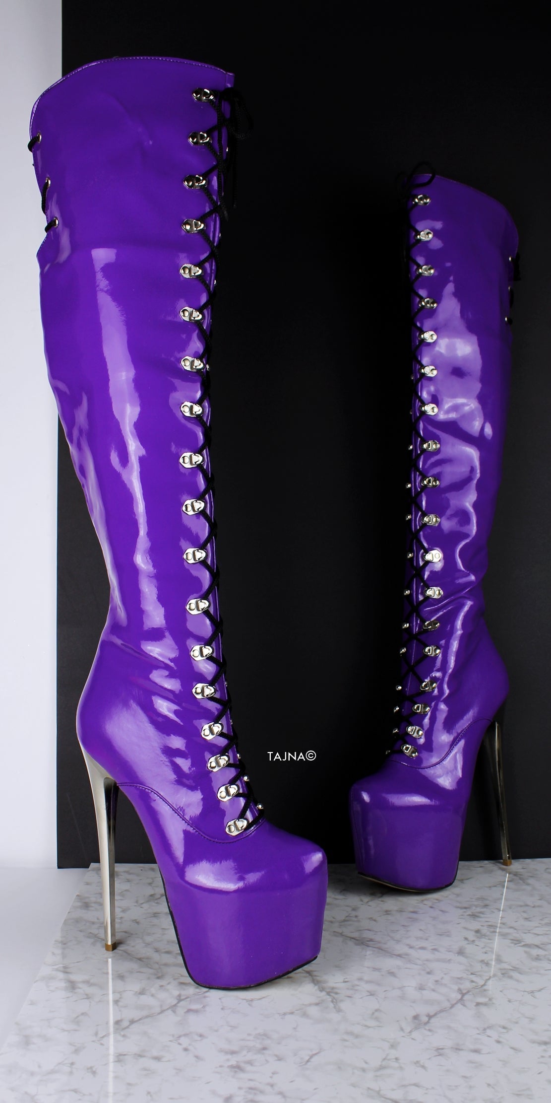 Purple Gloss Patent Military Style Lace Up Boots - Tajna Club