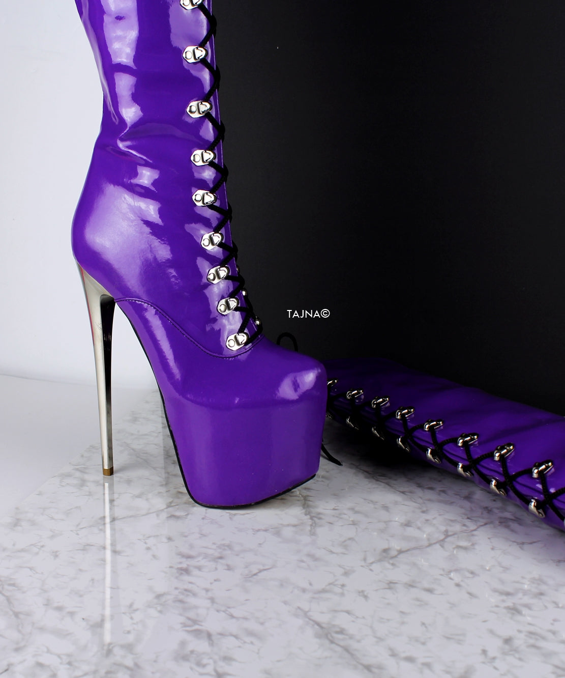 Purple Gloss Patent Military Style Lace Up Boots - Tajna Club
